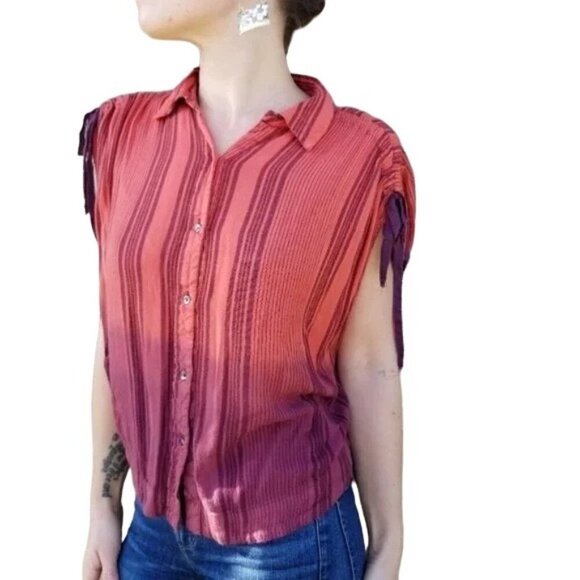 Free People Baby Blues Ombre Stripe Button Down Oversized Top - Picture 2 of 8